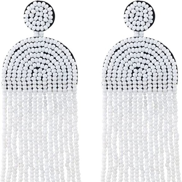 Long White 4.5" Modern Art Deco Oversized Earrings New Handmade Bohemian Tassel - Picture 2 of 5